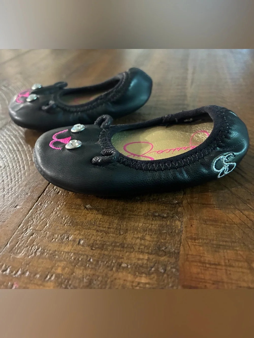 Jessica Simpson Black Ballet Flats with Pink Cat Face Accents